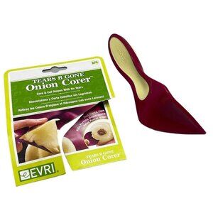 tears b gone Evri onion corer plastic rubber grip  red yellow  with READ